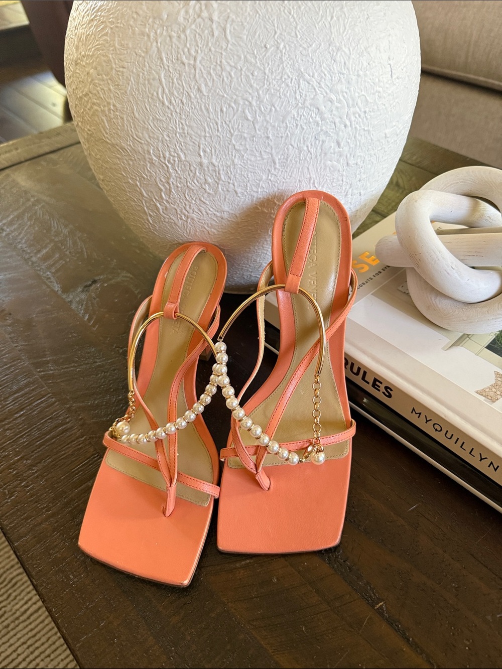 Bottega Veneta Coral Pearl-Embellished T-Strap Heels